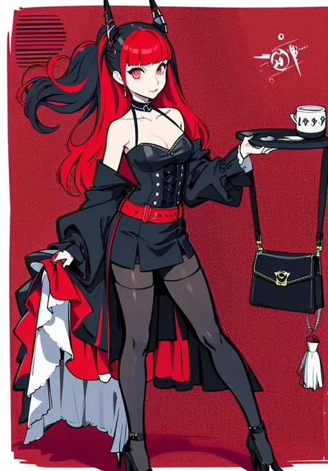 {persona 5 style}，Persona Diagram，The waist is long, black and straight，The princess cut her bangs，Lace Off-Shoulder Black Skirt，Long-sleeved handbag，Ruffled black hot pants，Chirimen，black high heels with red soles（from the front：1.3），