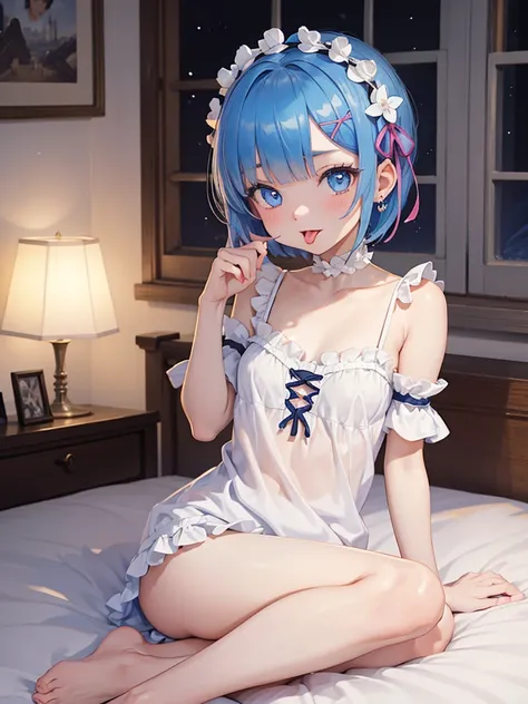 (((masterpiece)))), ((highest quality))), Rem(Re:zero),high resolution, thighs, squat, (Cute One Girl))), alone, white skin, small, eight-headed, (blue hair), ((short hair)), (straight bangs)), beautiful hair, blue eyes, Beautiful eyes in detail, ((tongue)...