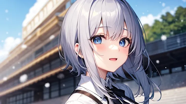 super high quality, with a girl, 20-year-old, very short hair, long bangs between the eyes, pale blue eyes , blue sky, sunlight, very detailed,(masterpiece、highest quality)、alone、gray hair、laughter、White skin as clear as snow、fantasy, silver hair, black ey...