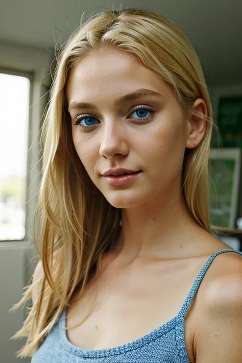 Blonde girl ,blue eyes , small nose 