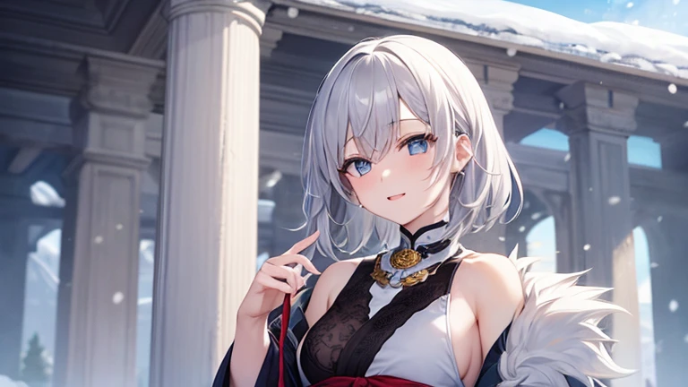 super high quality, with a girl, 20-year-old, very short hair, long bangs between the eyes, pale blue eyes , blue sky, sunlight, very detailed,(masterpiece、highest quality)、alone、gray hair、laughter、White skin as clear as snow、fantasy, silver hair, black ey...