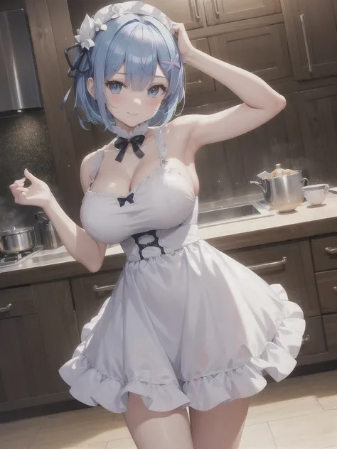 ((masterpiece)), ((highest quality)), (super detailed),Rem(Re:zero) , ((cute)), cute,short hair, (Lovely), ((sexy)), (device), ((very detailed)), (beautiful),dynamic angle, cowboy shot, clear outline, Gradation, (whole body concentration), Kitchen room, cu...