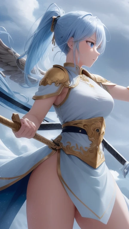 (best quality,4k,highres,masterpiece:1.2),ultra-detailed,realistic,anime,action-packed,angelic girl with golden eyes and light blue hair tied up in a ponytail,wielding swords in both hands,strong and determined expression,heavenly wings unfurled behind her...