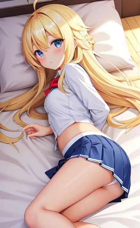 Beautiful long blonde hair　on the bed　high school girl　mini skirt　pleated skirt　white panties　shyness　Watery eye　blue eyes　small tits　Low - Angle　stick out your butt and lie down　Ahoge