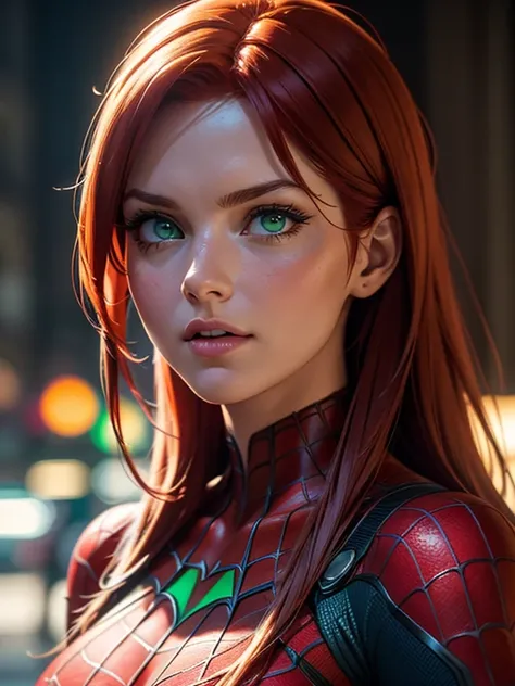 (best quality), (close-up), (headshot), beautiful close shot of Mary Jane Watson ( full body red hair), (Bright green eyes), from spiderman, HDR, 4k, UHD, 3D