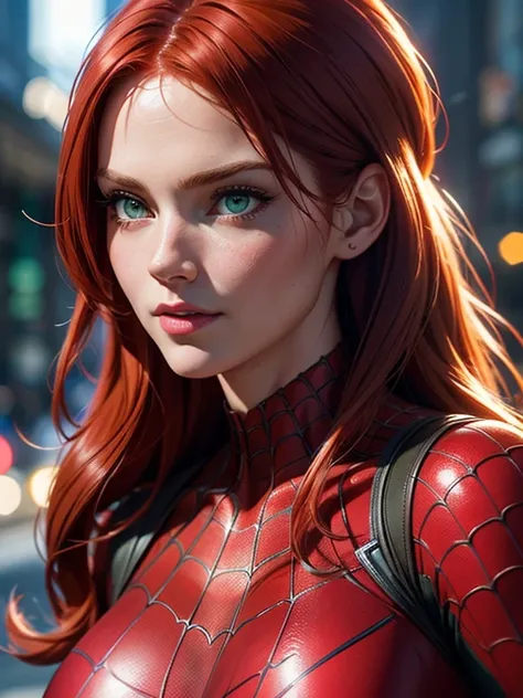 (best quality), (close-up), (headshot), beautiful close shot of Mary Jane Watson ( full body red hair), (Bright green eyes), from spiderman, HDR, 4k, UHD, 3D