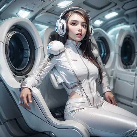 Seductive woman　perfect beauty　Very white skin　beautiful eyes　glossy lips　sit on seat，Legs up　Wearing a thin jumpsuit　Feature　earphone　inside spacecraft