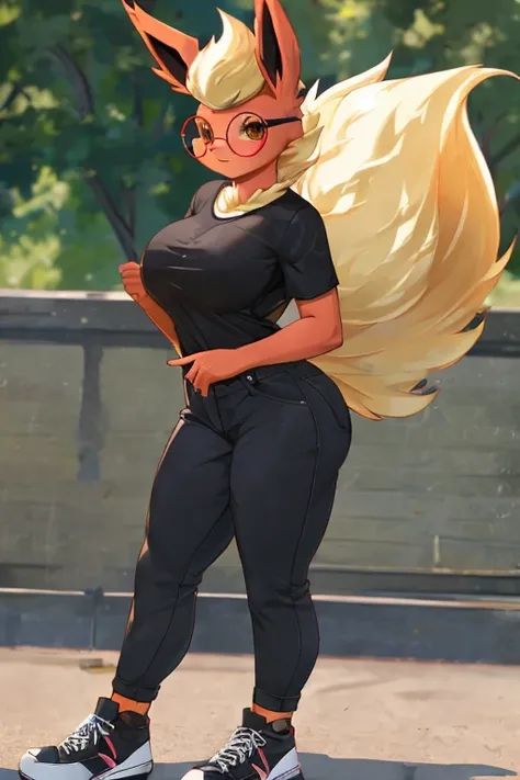 ((Flareon)), anthropomorphic, big boobs, big ass, pokemorph, (((1girl))), (((black t-shirt))), (denim pants), (black sneakers), cute and sexy, slender, red skin, (round glasses), long legs, smiling, butt showing