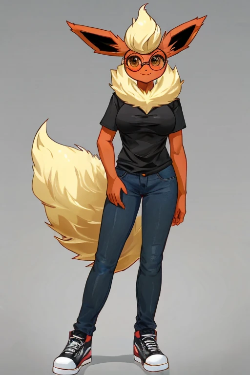 ((Flareon)), anthropomorphic, big boobs, big ass, pokemorph, (((1girl))), (((black t-shirt))), (denim jeans), (black sneakers), cute and sexy, slender, red skin, (round glasses), long legs, smiling