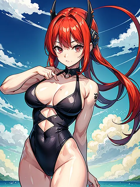 （（（masterpiece、Highest image quality、highest quality、highly detailed unity 8ｋwallpaper）））、（（Illustration of one girl））、（（（beautiful girl）））、（（red hair、Braid、sidelocks：1.2、red eyes））、（（（stocky build：1.2, thickset physique：1.3, muscular legs, broad shoulders...