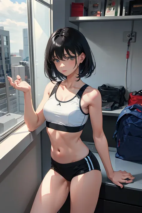 （masterpiece，highest quality），child，petite，black haired，medium hair，Light blue sports bra，Pissing，female reproductive organs