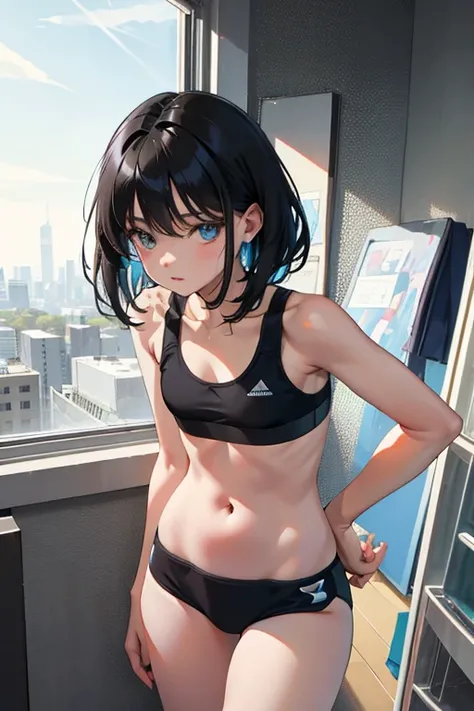 （masterpiece，highest quality），child，petite，black haired，medium hair，Light blue sports bra