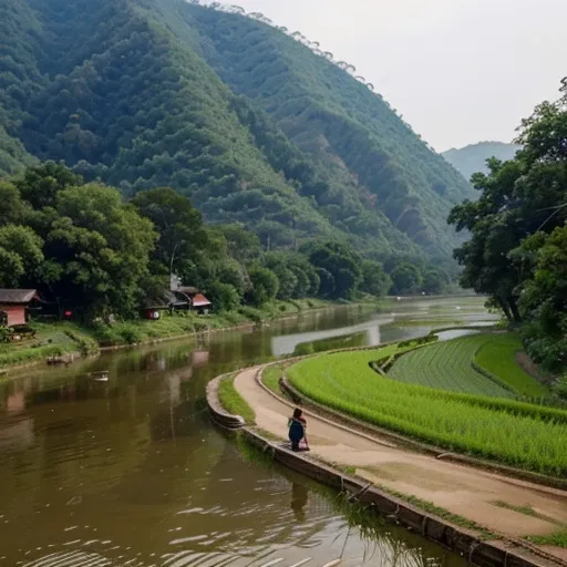 the atmosphere of a village in Thailand in the past, there were people plowing rice fields next to a beautiful river ภาพสวยสมจริง ถ่ายโดยมืออาชีพ แสงยามเย็น 