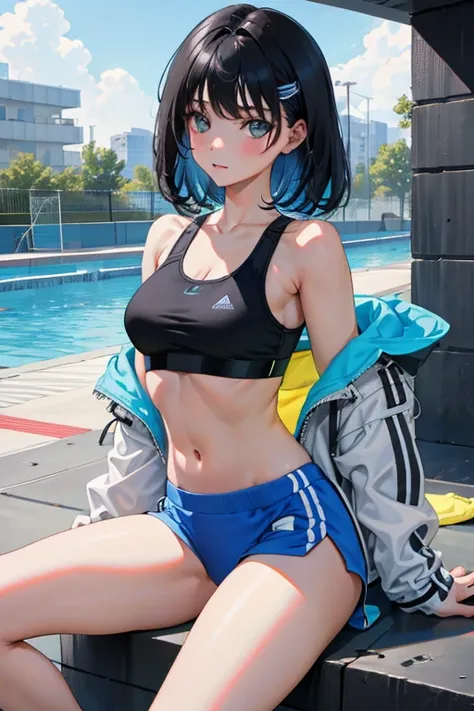 （masterpiece，highest quality），child，petite，black haired，medium hair，Light blue sports bra，sports bra tuck up