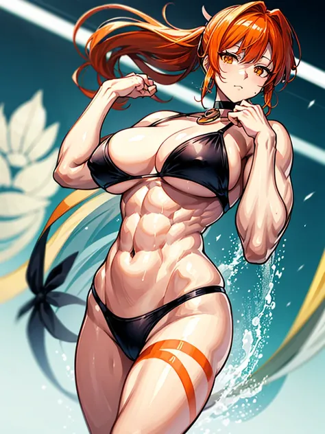 （（（masterpiece、Highest image quality、highest quality、highly detailed unity 8ｋwallpaper）））、（（Illustration of one girl））、（（（beautiful girl）））、（（orange hair、side ponytail、sidelocks：1.3、orange eyes））、（（（stocky build：1.2, thickset physique：1.3, muscular legs, b...