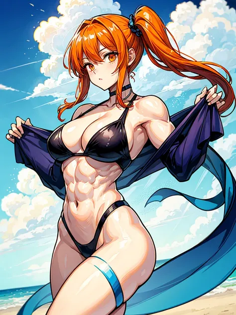 （（（masterpiece、Highest image quality、highest quality、highly detailed unity 8ｋwallpaper）））、（（Illustration of one girl））、（（（beautiful girl）））、（（orange hair、side ponytail、sidelocks：1.3、orange eyes））、（（（stocky build：1.2, thickset physique：1.3, muscular legs, b...