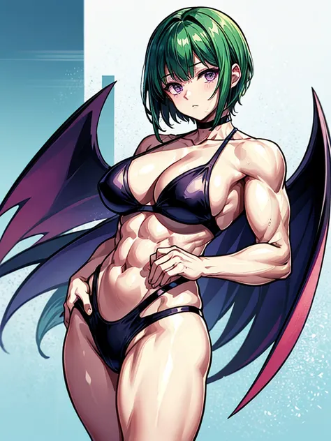 （（（masterpiece、Highest image quality、highest quality、highly detailed unity 8ｋwallpaper）））、（（Illustration of one girl））、（（（beautiful girl）））、（（green hair、pixie cut：1.3、sidelocks、purple eyes））、（stocky build, thickset physique, muscular legs, broad shoulders：...