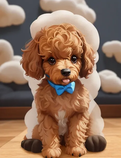 Small poodle with many poses and expressions., Digital stickers with cartoon designs, 1 year old boy, brown all over, Dog with a blue bow and little fur, clay, OC rendering, 3D