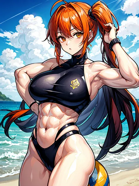 （（（masterpiece、Highest image quality、highest quality、highly detailed unity 8ｋwallpaper）））、（（Illustration of one girl））、（（（beautiful girl）））、（（orange hair、side ponytail、sidelocks：1.3、orange eyes））、（（（stocky build：1.2, thickset physique：1.3, muscular legs, b...