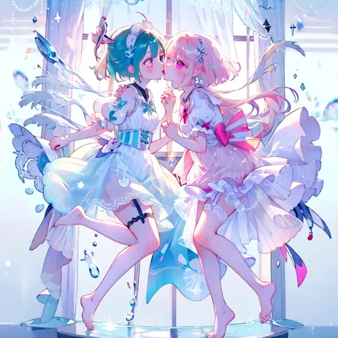 (2girls:1.1),(holding hands:1.1)，（kiss on the lips:1.1），(4girls:1.1)，Transparent pink garter stockings，whole body，barefoot，lace，pastel colors，Soft contrast，fair skin，The skin is delicate and shiny