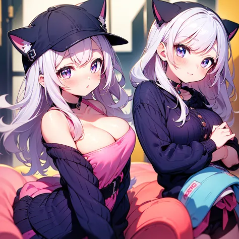 Masterpiece, best quality, emoji pack，emoji sheet,  goth bangs, ((blue pink eyes)), blush,breasts, large breasts, looking at viewer, long hair, (pink,blue,purple,white hair:1.4), black choker, galaxy, goth, cat ears,  upper body, virtual youtuber, cat girl...