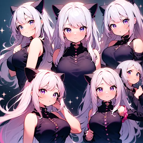 Masterpiece, best quality, emoji pack，emoji sheet,  goth bangs, ((blue pink eyes)), blush,breasts, large breasts, looking at viewer, long hair, (pink,blue,purple,white hair:1.4), black choker, galaxy, goth, cat ears,  upper body, virtual youtuber, cat girl...