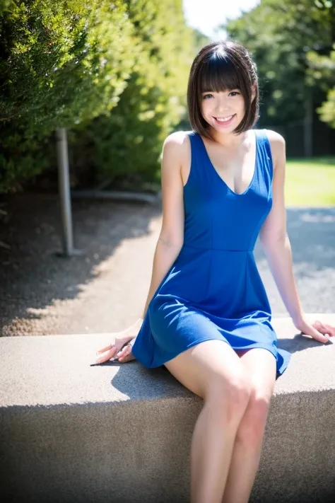 15 years old,young, short girl, (brown skin1.8), full body, (blue eyes1.6), big smile, short hair, black hair, ponytail, blue dress, red chest armor, spread legs