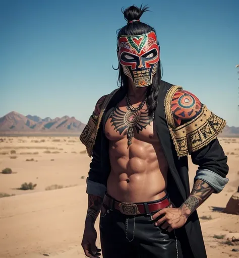 skinny mexican. lucha libre. against the background of the steppe. luchador mask. aztec tattoos on the body. black trousers. ear...