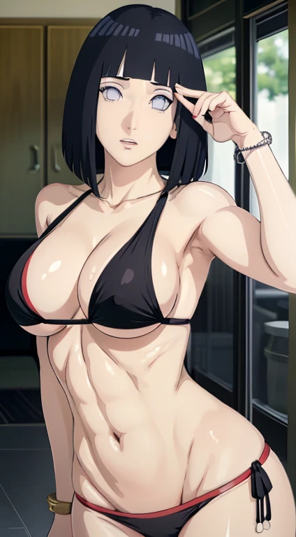 (masterpiece), best quality, expressive white eyes, perfect face, massive boobs, standing, cotton red colour bikini and cotton penty, front facing, black hair, thigh legs , Hinata Hyuga, bracelet on her hand, abs and muscular body