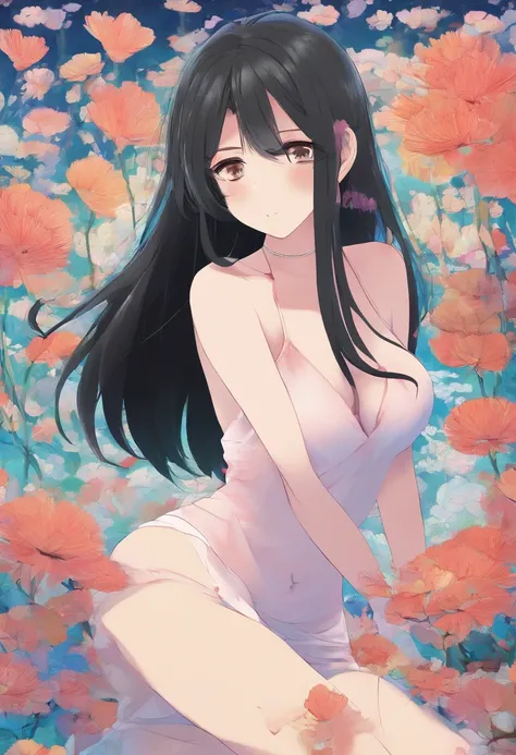 Mature anime girl, naked in public, wearing no clothes, completely exposed, naked, exposed, vulnerable, tits out, pussy out, slightly hairy pussy, bent over showing her ass to the audience, long black hair, she is embarrassed to be naked in front of so man...