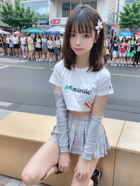 "Beautiful girl in short top on crowded street." masterpiece, spread legs, permanent, from the perspective below, mini skirt, ((random background)), High heel, low angle