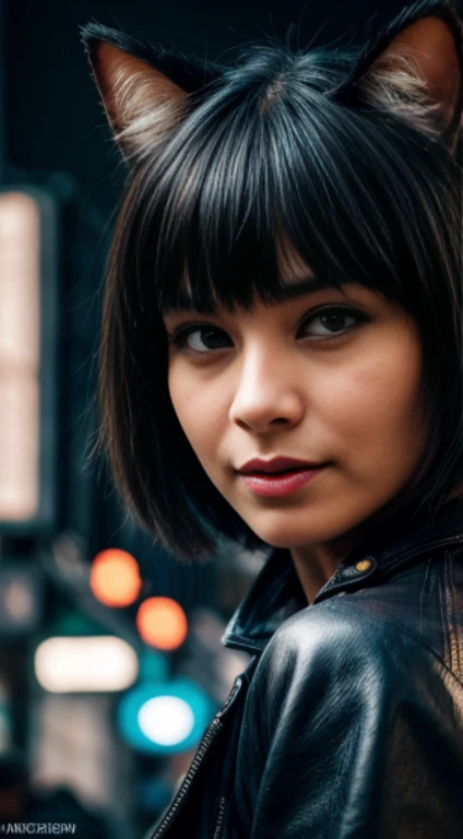 [nudity, explicit] NSFW hyperrealistic close up portrait photograph of laughing cyberpunk nekomata catgirl in a crowded Japanese street, nude, only wearing leather jacket , fringe cut and bangs hairstyle, insane details, detailed designs, glowing colorful ...