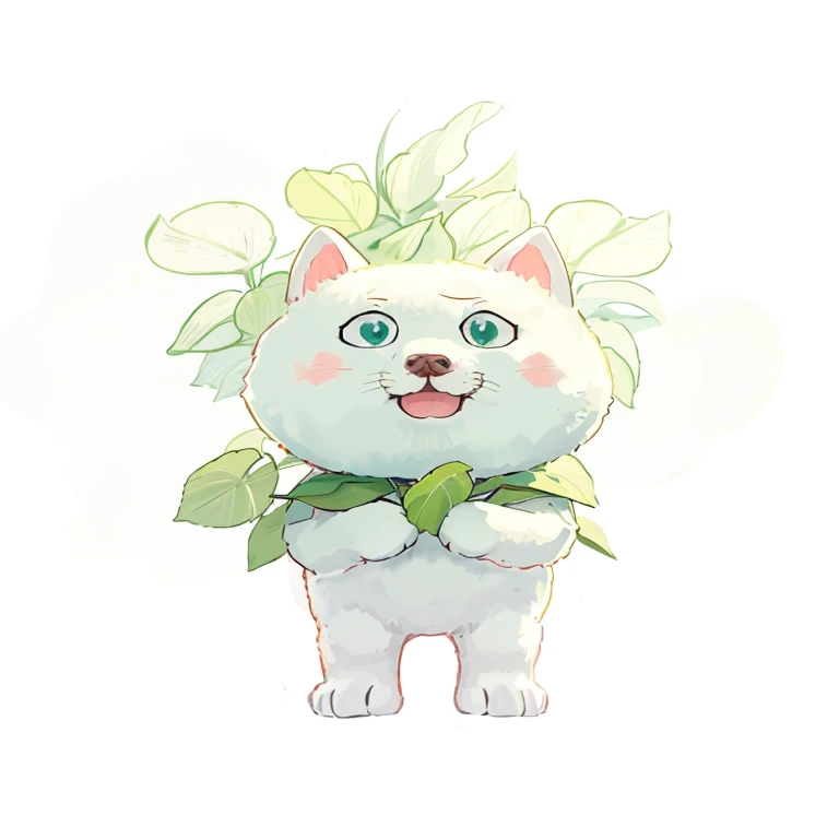 There is a white cat，Wearing a green bow tie，A leaf is worn on the head, cute forest creatures, Lovely numbers, Lovely and detailed digital art, kawaii cute dog, Lovely numbers艺术, Anthropomorphic Shiba Inu, Plant essence, by Ryan Ye, author：Zhang Chengye, ...