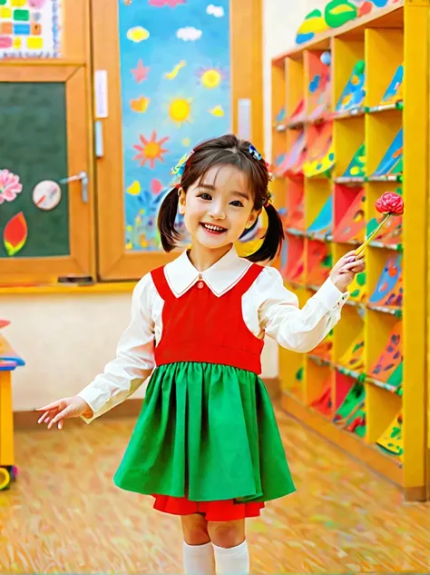 A continuation of the charming and cute depiction of a dream girlfriend as a kindergarten teacher, focusing on her photogenic and picturesque qualities. She displays a radiant smile, exuding a sense of spring warmth and happiness, uplifting the spirits of ...