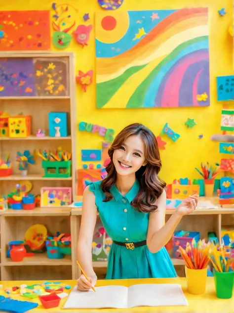 A continuation of the charming and cute depiction of a dream girlfriend as a kindergarten teacher, focusing on her photogenic and picturesque qualities. She displays a radiant smile, exuding a sense of spring warmth and happiness, uplifting the spirits of ...