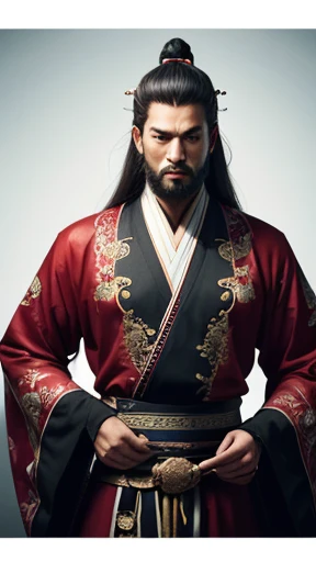 oriental、man in ancient chinese clothes、ancient chinese hairstyle man、three kingdom、multiple warlords、highest quality、masterpiece、ultra high resolution、(realistic:1.4)、game poster、Clear and beautiful image quality、Red clothes、beard、put a small helmet on yo...