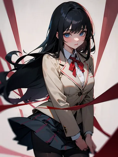 1 girl，detailed details，long black hair，bangs，red ribbon,white blazer,red line school uniform,brown checked skirt，blue eyes,blac...