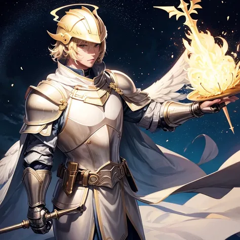 blonde、((good-looking man))、big body、armor、short hair、night sky、(((Wearing a helmet)))、trident、(white angel wings)、cloak