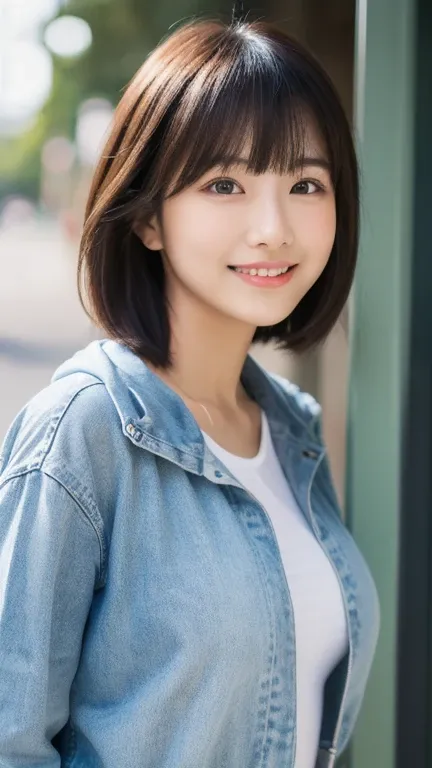 high school girl,young woman,hairstyle(Short length,short hair,Bangs Patsun,trim),short hair,cute,girly,adorable,Pause(look forward,turn this way,Standing looking at me),accurate and perfect face,Super detailed,realistic,correct anatomy,white parka jacket(...