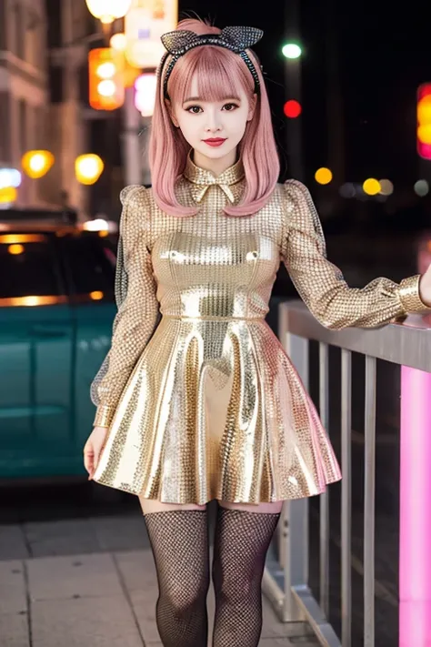 2 female idols、Full body Esbian、sheer latex champagne gold tight mini dress、Fishnet tights、pink hair