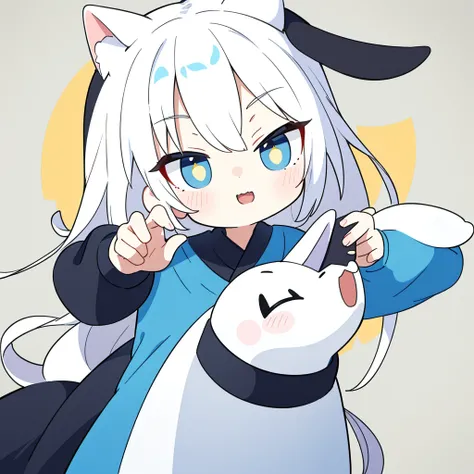 first place girl，beauty，white hair，浅blue色的眼睛，Long straight hair，animal ears，Wolf，dog ears，blue、White is the main color，Just the right bangs，黑色Long straight hair，loose hair，Yellow pupils，sense of technology，modern sense战术，modern sense，Poker face，avatar，Look...