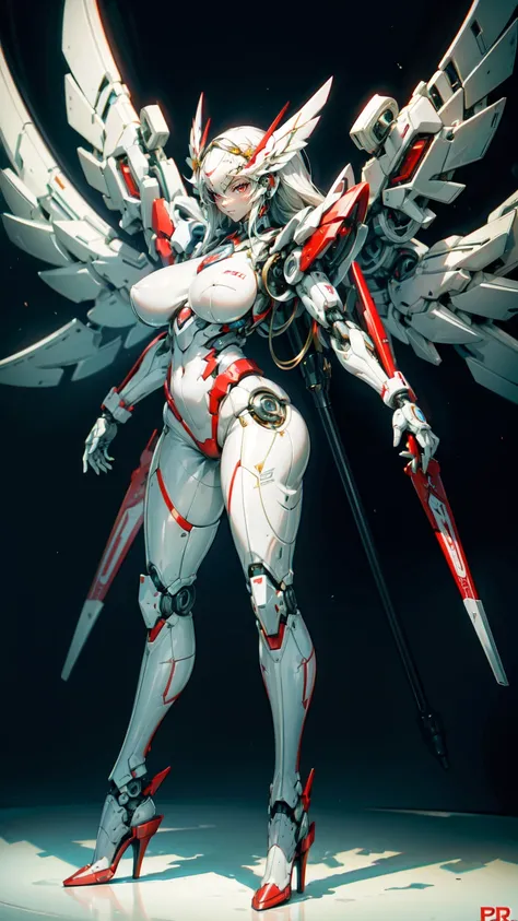 A beautiful mechanical girl，with white wings，tall，Perfect mechanical body，Intricate white mechanical bodysuit，sense of the future，science fiction style，（red mechanical body：1.3），Red manipulator臂，Red manipulator，Mechanical neck，Mechanical details，金属luster，M...