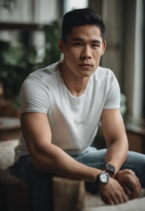 The photo is very aesthetic, looks very real because it was taken using a nikon camera quality hd.a young man of Indonesian race, very short hair, white polo shirt, blue navy jeans, , wearing a watch, audemars piquet, sitting on the sofa holding a cellphon...