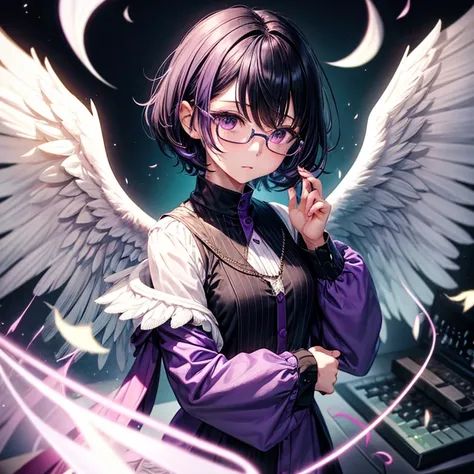 PhD、Purple clothes、glasses、data、computer、Dark green hair、pitch black eyes、hand-shaped object floating in the air、short hair、30 years old、(two white angel wings)、dark aura