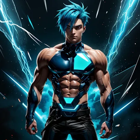 Anime Character with Electric Blue Hair and Transparent Background:
(Transparent background, High definition: 1920 x 1080p), a muscular figure clad in a cartoon anime-style outfit, broad, narrow eyes drawing intense focus, electric blue hair standing out a...