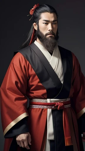 A man wearing clothes from the Heian period、A man with a hairstyle from the Heian period、Red clothes、long beard、four-legged man、man in clothes from the heian period、Holding a scepter、highest quality、