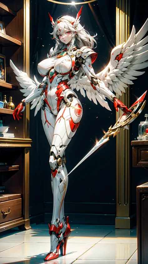 A beautiful mechanical girl，with white wings，tall，Perfect mechanical body，Intricate white mechanical bodysuit，sense of the future，science fiction style，（red mechanical body：1.3），Red manipulator臂，Red manipulator，Mechanical neck，Mechanical details，金属luster，M...