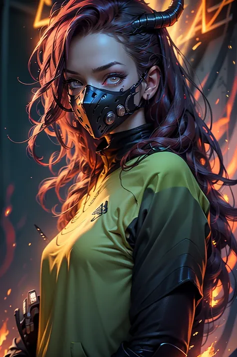 Realistic, perfect masterpiece, high quality, high resolution, highest image quality, 8k hd. 1girl. Long dark blue-red hair, yellow eyes, glowing eyes, horns. Dark red cybernetic suit, masks. Night, flowers, flames on the background. Highly detailed backgr...