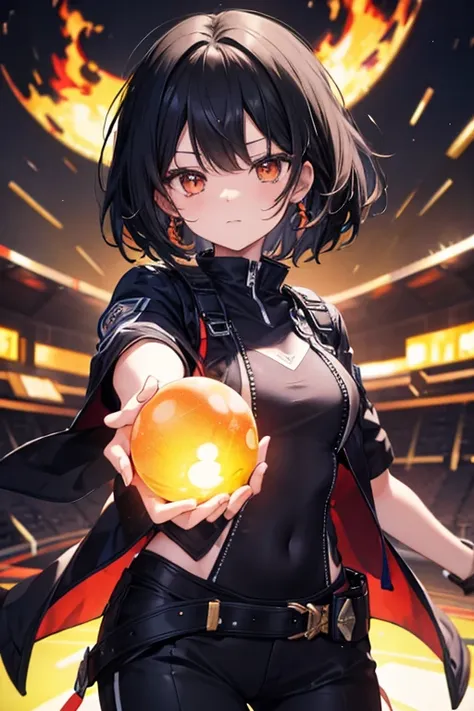 a petite black haired woman with orange eyes is  playing with a ball of fire