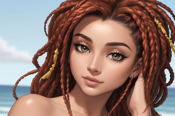 Um Mulher de 20anos, pele morena, tatuagem de estrela transparente no meio da testa, cabelos brancos cortados de lado, rastafari, perfect afro braided hair, has very long braids falling forward, sobrancelhas grossas e pretas, , olhos rosa, cabelo rosa, cab...